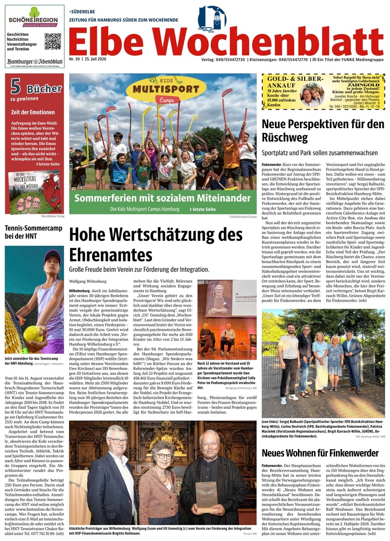 Zeitungsseite aus dem Elbe Wochenblatt Nr. 30 vom 25. Juli 2026 mit dem Artikel Hohe Wertschätzung des Ehrenamtes